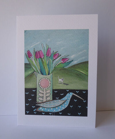 Alternative view of Long Beak and Tulips. Greetings card.
