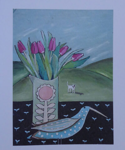 Long Beak and Tulips. Greetings card.