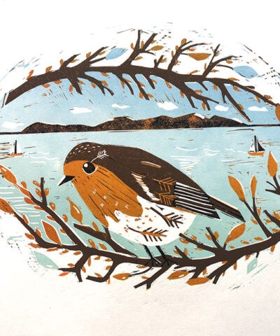 Alternative view of New Beginnings. Reduction Linocut unframed