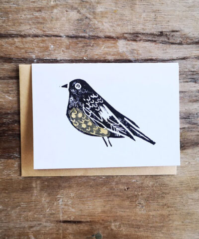 Gold breasted bird. Hand printed greetings card