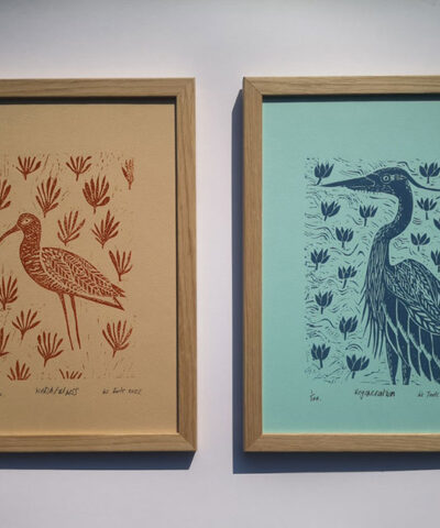 Pair of linocuts. Coloured papers. Unframed