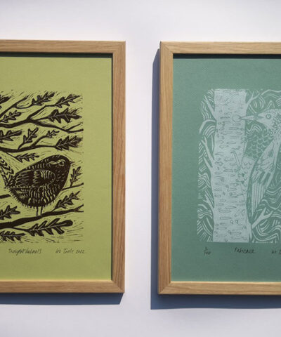 Pair of linocut's. Thoughtfulness and Patience. Unframed