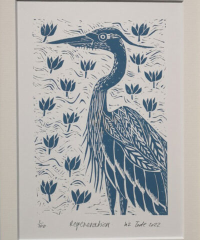 Alternative view of Regeneration framed Heron linocut