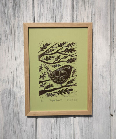 Thoughtfulness (green)Wren linocut