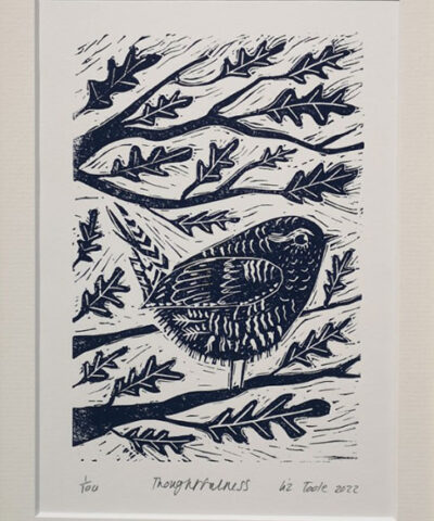 Alternative view of Thoughtfulness, Wren linocut