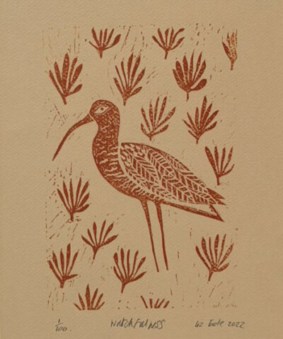 Alternative view of Watchfulness (beige) Framed curlew linocut