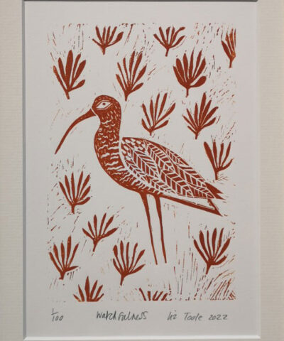 Alternative view of Watchfulness. Curlew linocut