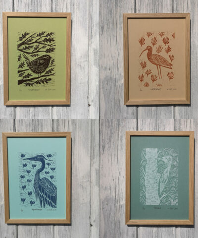 Collection of 4 x lino cuts. Coloured papers. Unframed