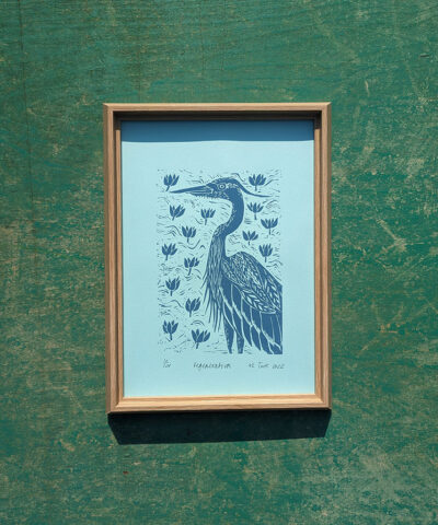 Regeneration (aqua) Framed heron linocut