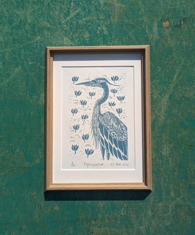 Regeneration framed Heron linocut