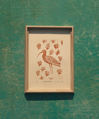 Watchfulness (beige) Framed curlew linocut