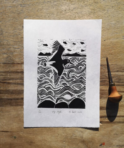 Alternative view of Fly High, framed oystercatcher linocut