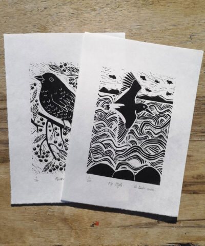 Pair of linocuts. Abundance and Fly High