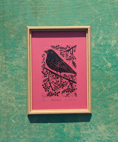 Abundance framed blackbird linocut, fuchsia