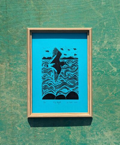 Fly High framed oystercatcher linocut, turquoise