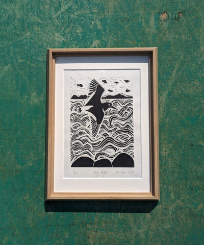 Fly High, framed oystercatcher linocut