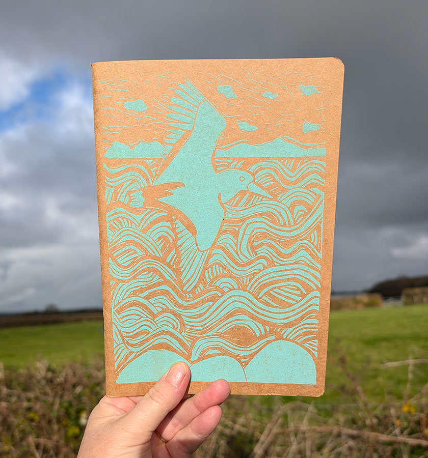 Hand printed Oystercatcher note/sketchbook. Aqua