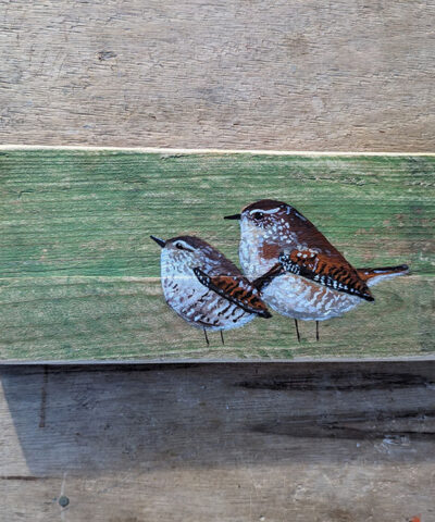 Alternative view of Guidance. A pair of Wren's painted on reclaimed wood.