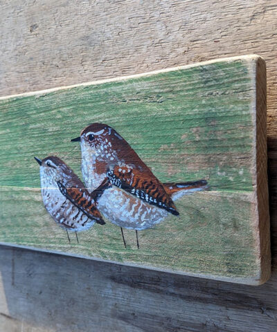 Guidance. A pair of Wren's painted on reclaimed wood. - Image 3