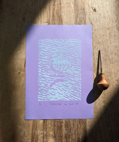Alternative view of Reflection 2. Framed lapwing linocut