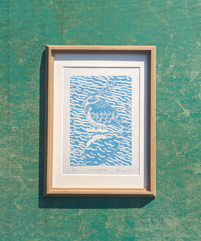 Reflection. Framed lapwing linocut
