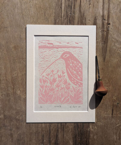 Alternative view of Growth framed. Curlew linocut