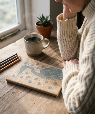 Alternative view of Hand printed heron note/sketchbook, grey/blue