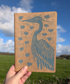 Hand printed heron note/sketchbook, grey/blue