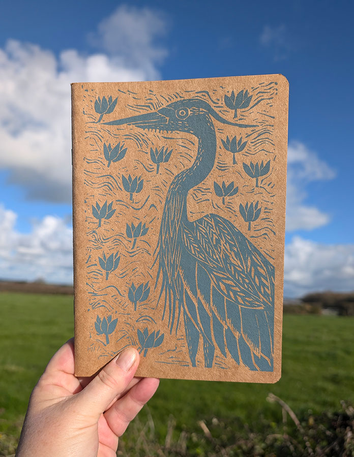 Hand printed heron note/sketchbook, grey/blue