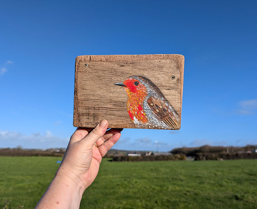 Alwyn, Robin detail on Welsh driftwood. - Image 2