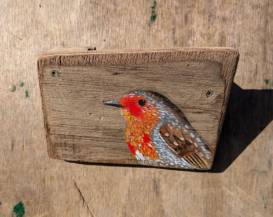Alwyn, Robin detail on Welsh driftwood.