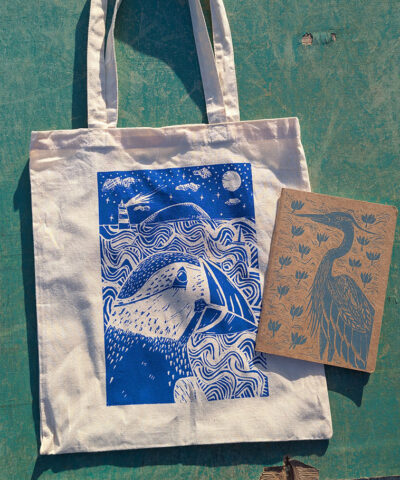 Hand printed cotton tote bag and Heron notebook