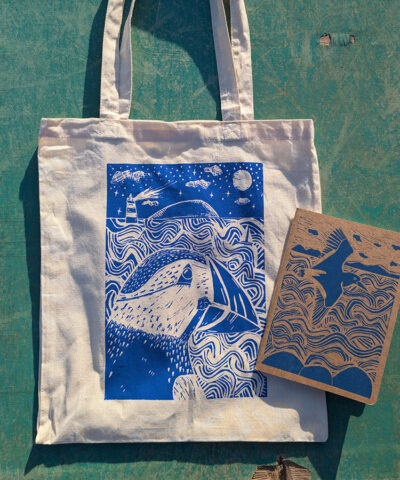 Hand printed cotton tote and Oystercatcher notebook