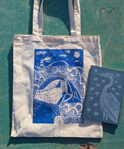 Hand printed cotton tote and cup cycled Heron notebook