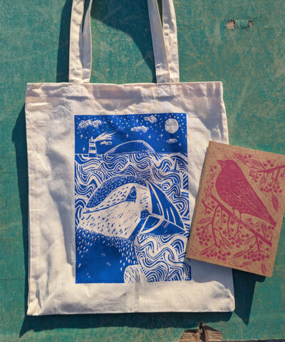 Hand printed cotton tote bag and Blackbird notebook