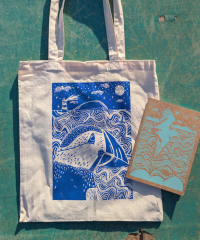 Hand printed cotton tote and oystercatcher notebook