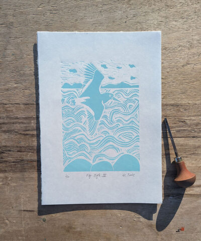 Fly High 3, turquoise. Unframed oystercatcher linocut
