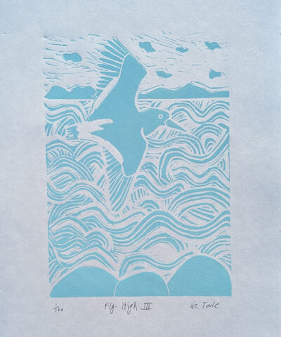 Alternative view of Fly High 3, turquoise. Unframed oystercatcher linocut