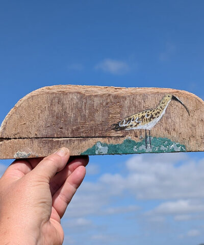 Alternative view of Diane the Curlew. Small painting on Welsh driftwood
