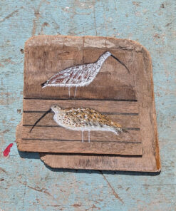 Alternative view of You and me, me and you. Curlew painting on Welsh driftwood