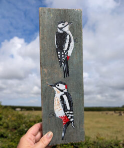 Ying and Yang. A pair of woodpeckers painted on The Isle of Colonsay wood