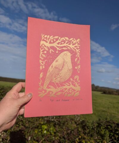 Hope and Renewal. Robin linocut, gold ink - Image 3