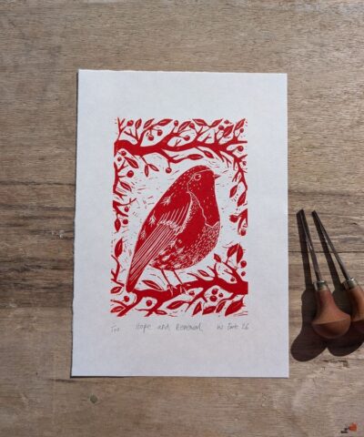 Hope and Renewal. Robin linocut, red ink - Image 4