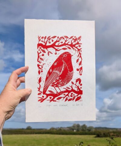 Hope and Renewal. Robin linocut, red ink