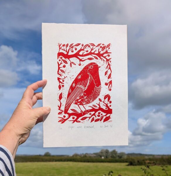 Hope and Renewal. Robin linocut, red ink